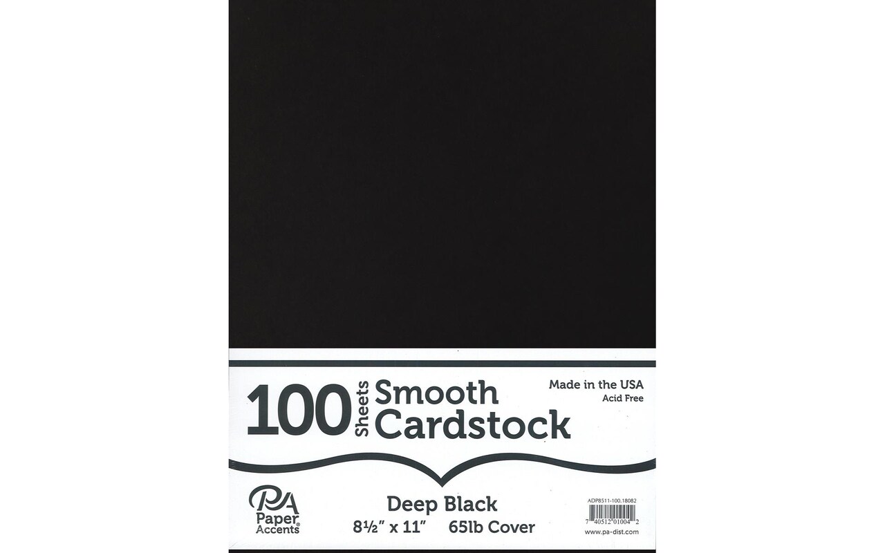 PA Paper Accents Smooth Cardstock 8.5" x 11" Deep Black, 65lb colored cardstock paper for card making, scrapbooking, printing, quilling and crafts, 100 piece pack